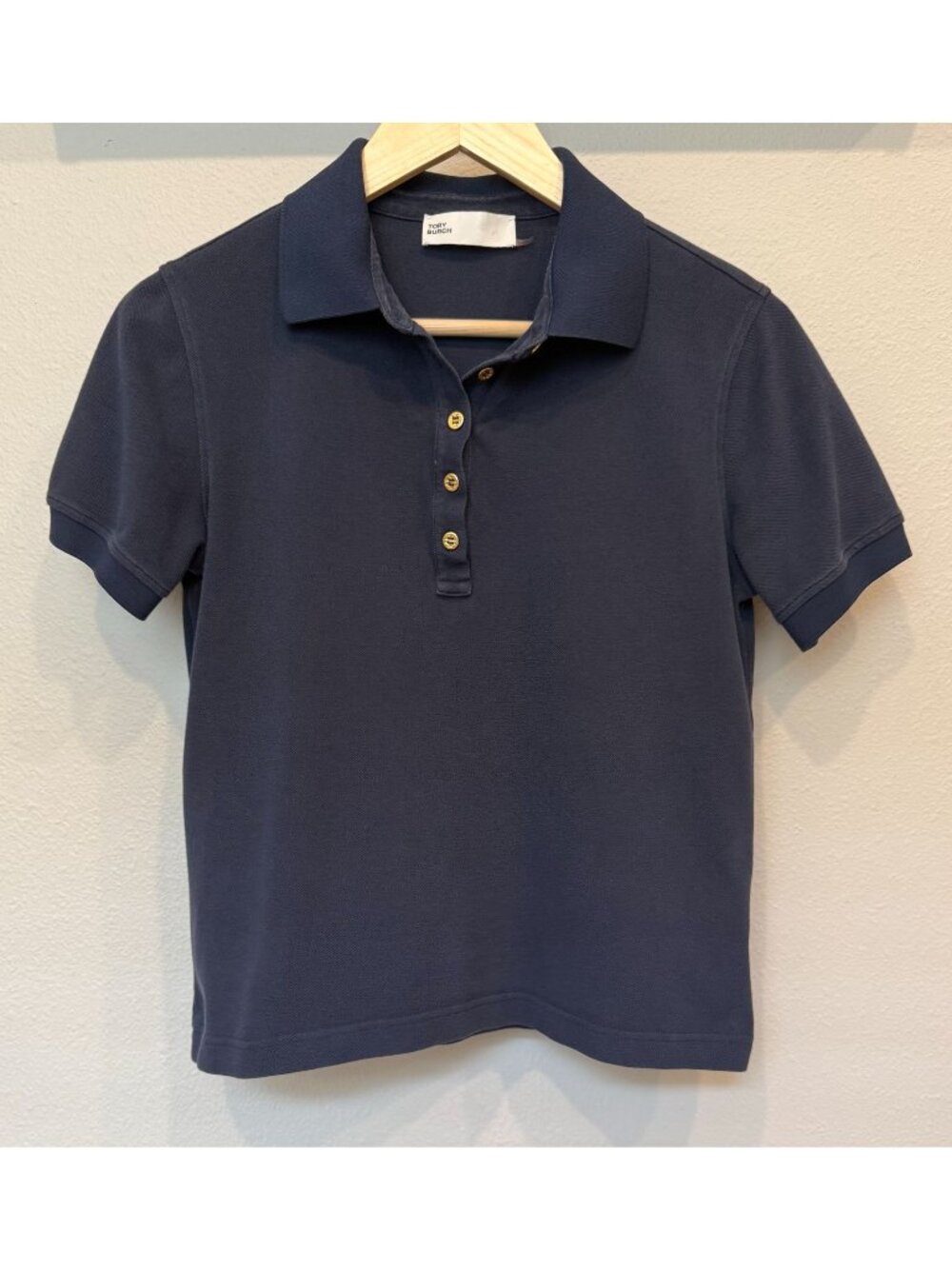 Tory Burch Womens Collared Short Sleeve Polo Shirt Navy Blue Medium Gold Buttons
